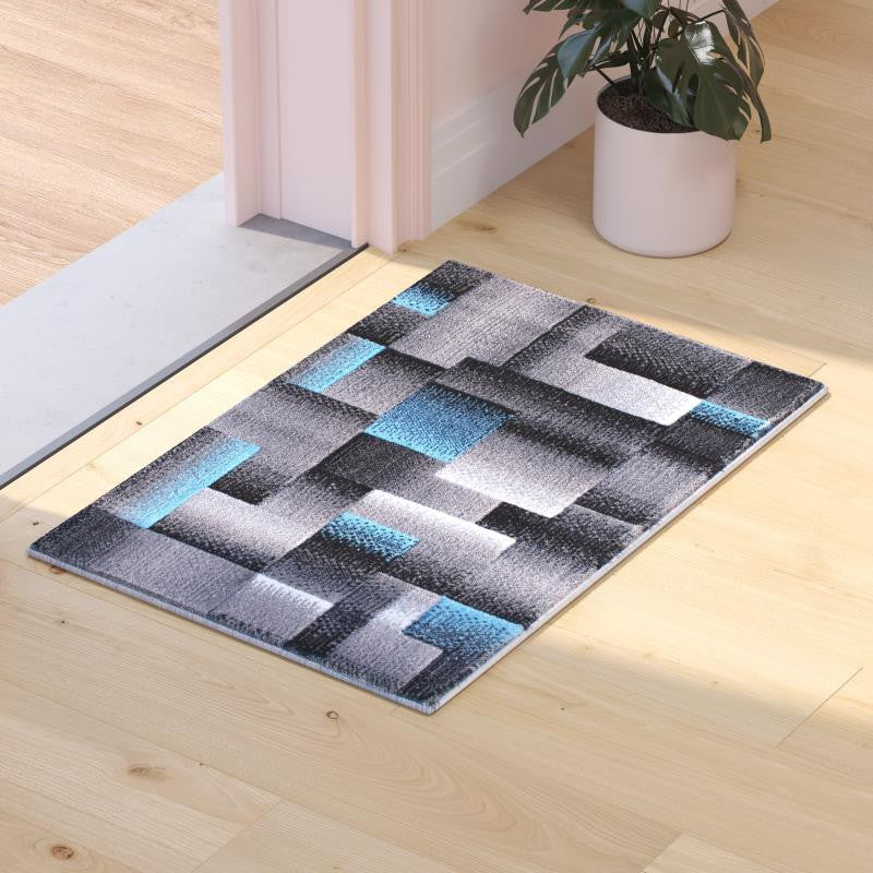 Elio Collection Color Blocked Area Rug, Blue, 2' X 3'