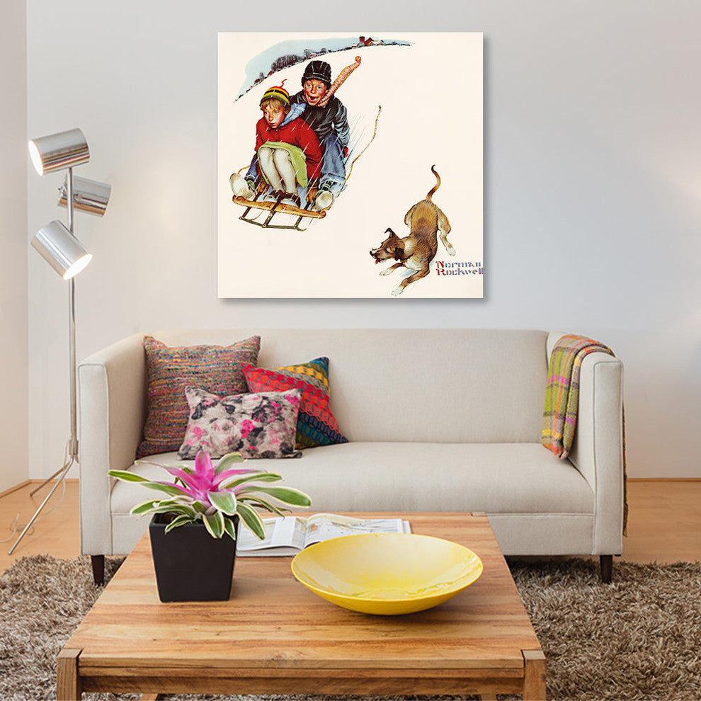 "Downhill Daring" by Norman Rockwell, Canvas Print, 18x18"