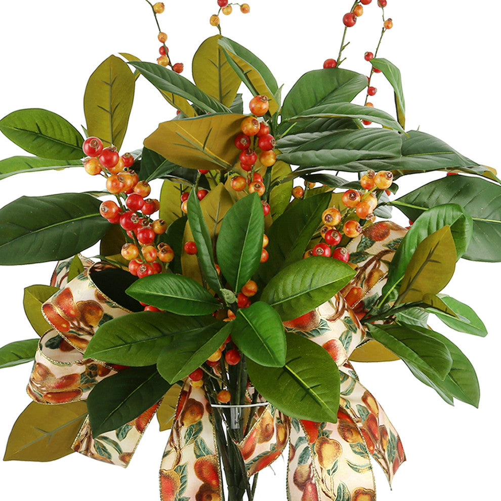 Magnolia Leaf and Berry Holiday Arrangement with Fruit Bows