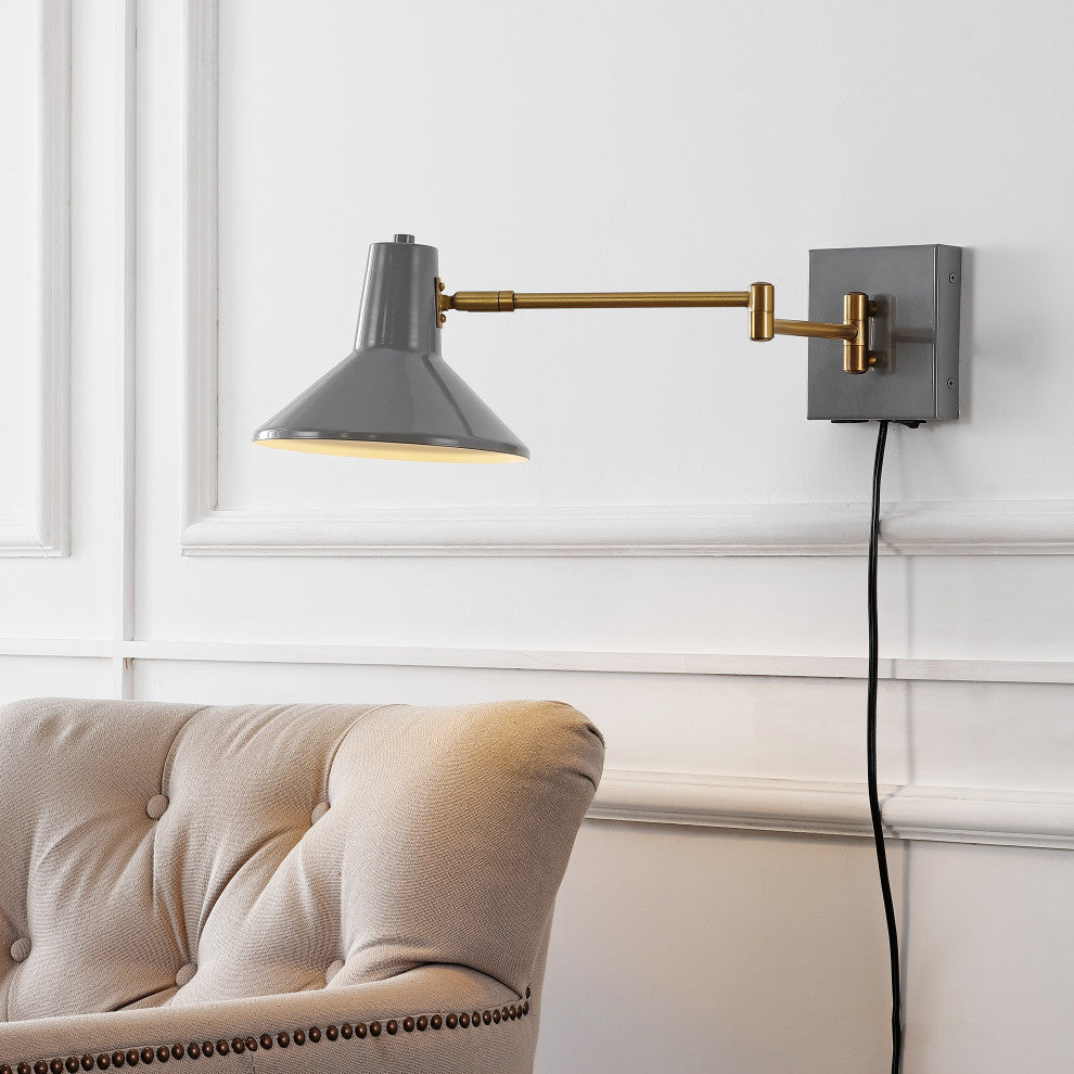 Hygge Swing Arm 1-Light Modern Midcentury Iron USB Charging Port LED Sconce, Gra