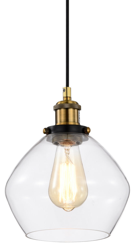 1-Light Black and Antique Brass Mini Pendant Light With Clear Glass Shade