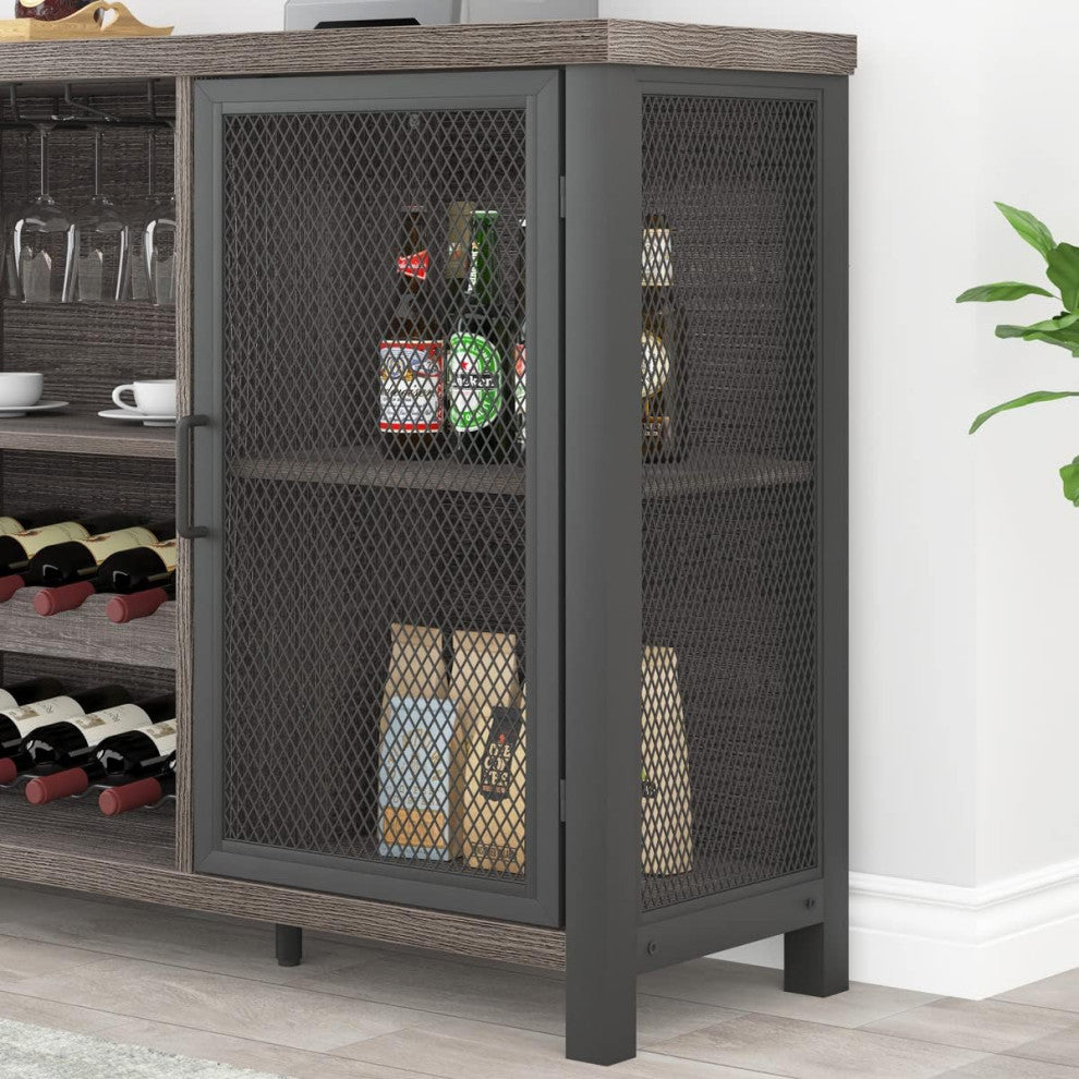 Rustic Bar Cabinet With Bottle Storage and Double Mesh Door Design, Dark Gray Oak