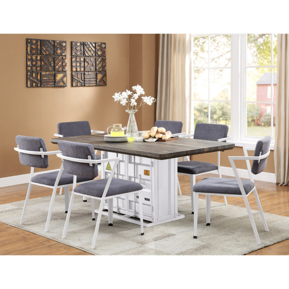 Set of 2 Gray Fabric Dining Chair, White Finish