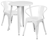Commercial Grade 24" Round White Metal Indoor-Outdoor Table Set, 2 Arm Chairs