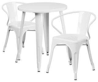 Commercial Grade 24" Round White Metal Indoor-Outdoor Table Set, 2 Arm Chairs