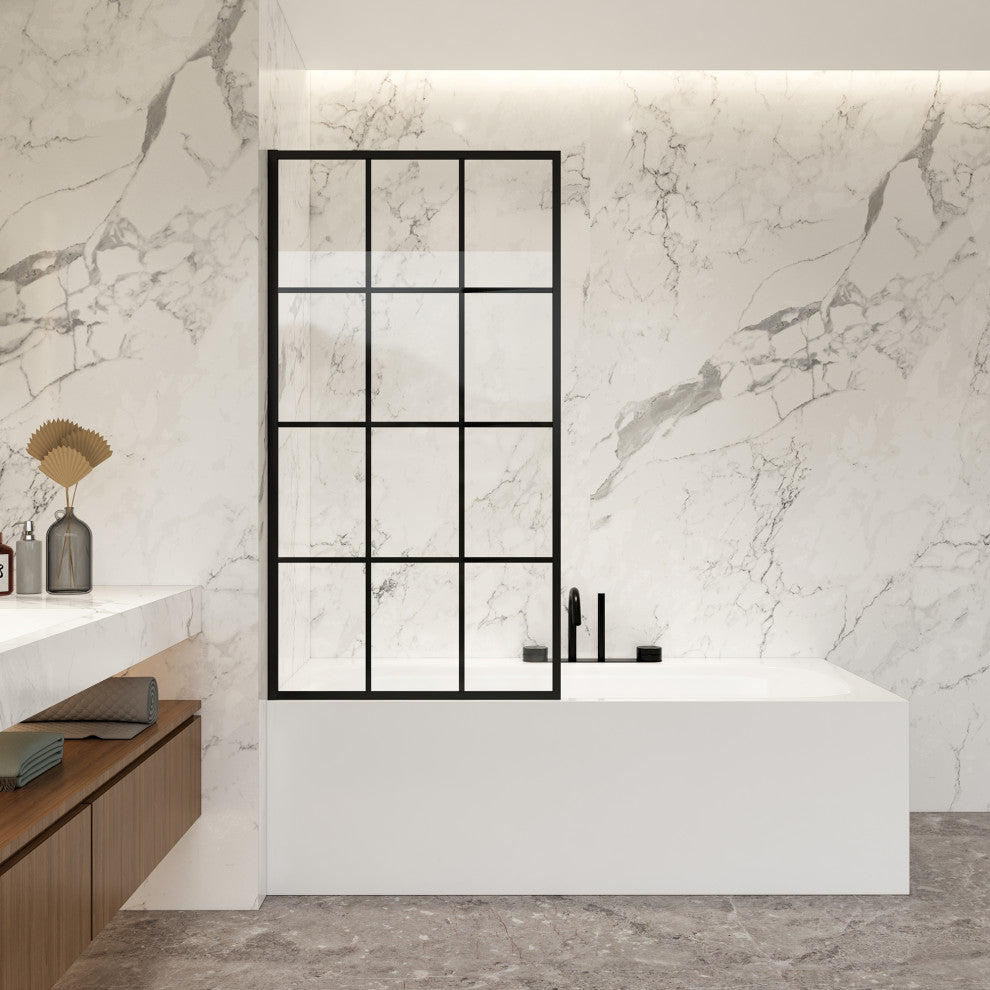 Puente Bathtub Screen Framed Glass Shower Door Shower Panel, Matte Black, 34" W X 58"h