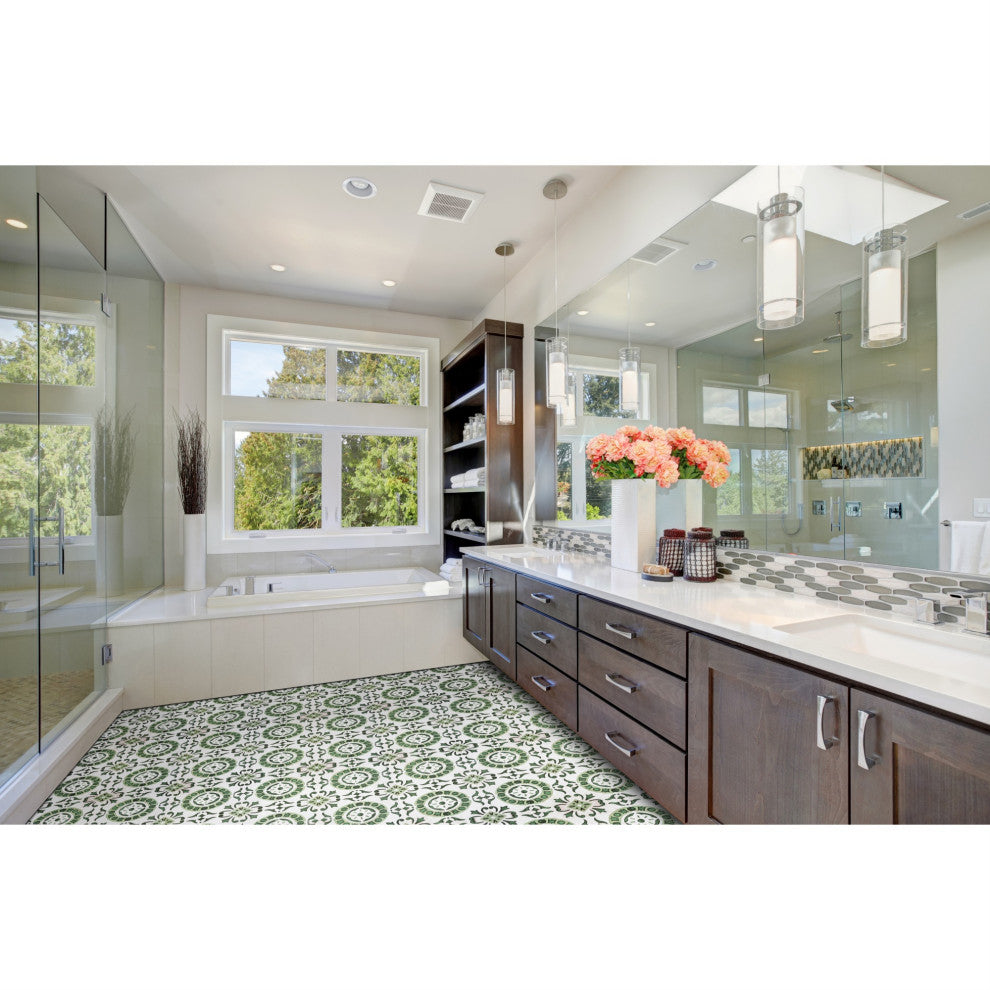 Retro 12x12 Self Adhesive Vinyl Floor Tile, Green Medallion 20 Tiles/20 sq.ft.