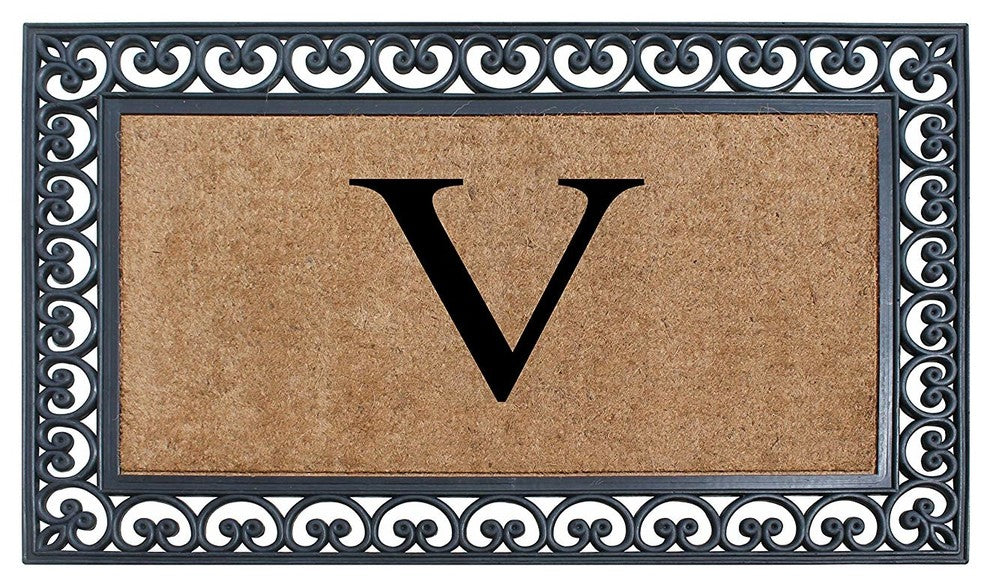 A1HC Black Rubber and Coir Paisley Border Monogrammed Double Doormat, 30"X48", V