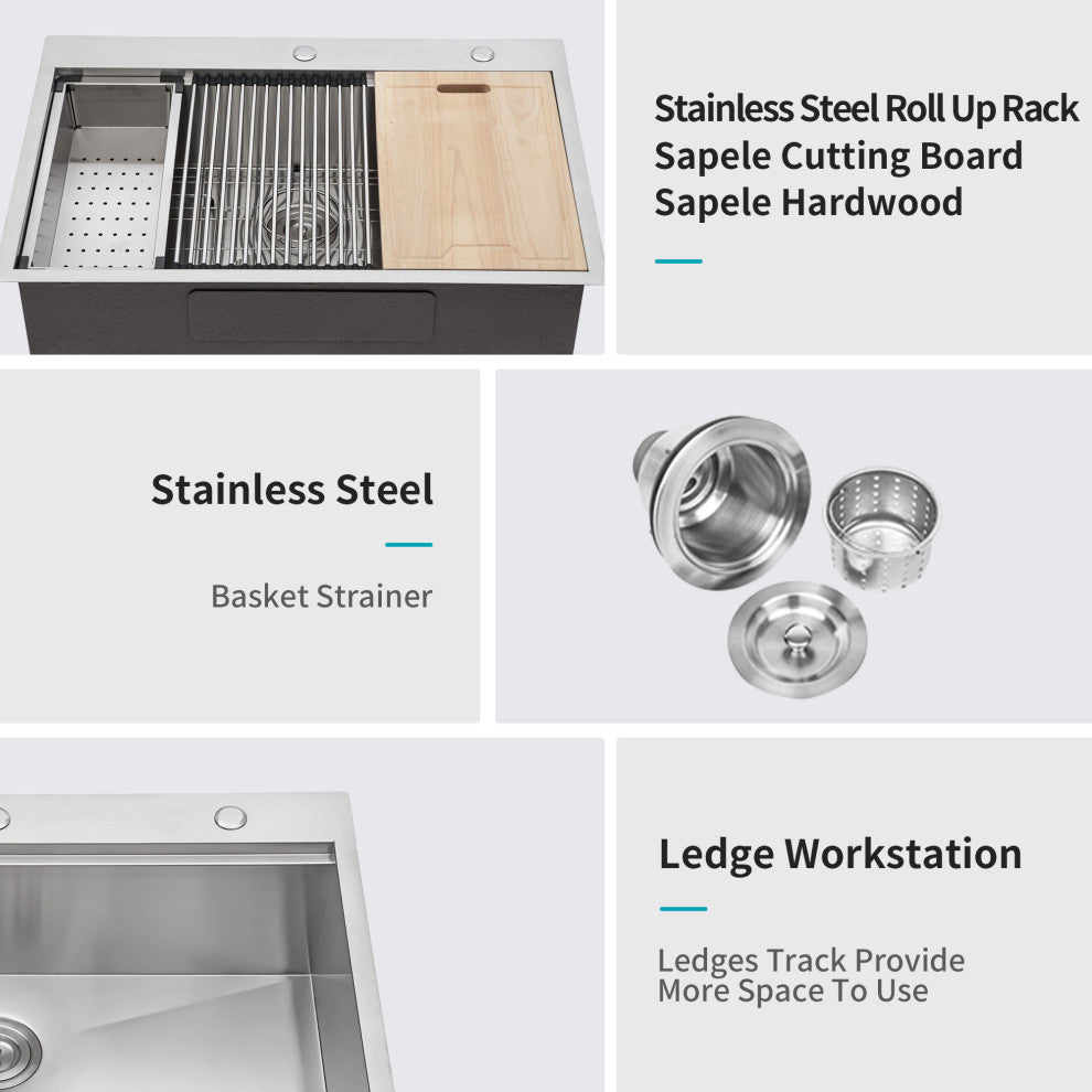 Brushed Nickel Stainless Steel 33 in. Single Bowl Drop In Kitchen Sink