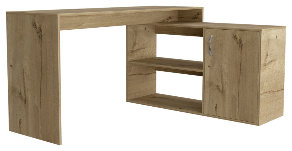Boston L-Shaped Desk with Cabinet, 2 Inner Shelves, and 2 Outer Shelves, Light Oak