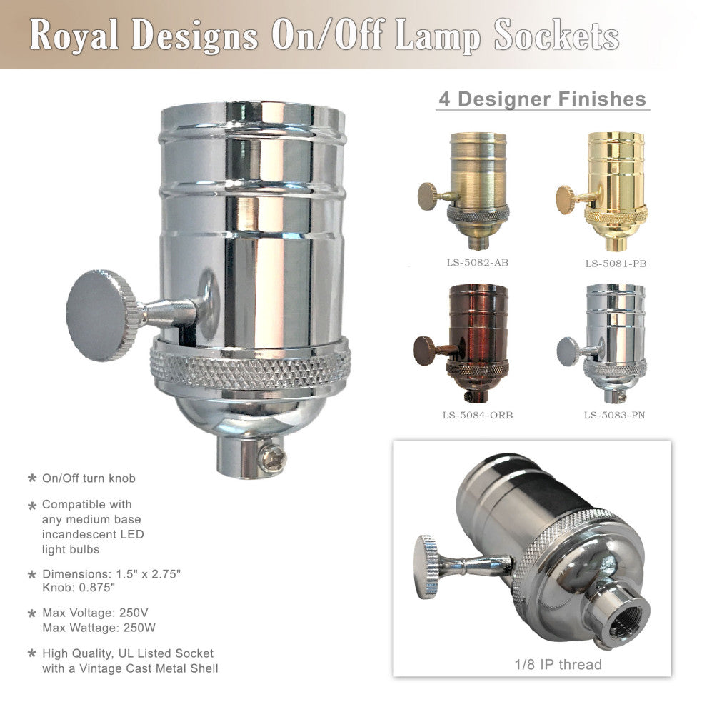 Royal Designs, Inc. On/Off Turn Knob Lamp Socket, Polished Nickel, Set of 4