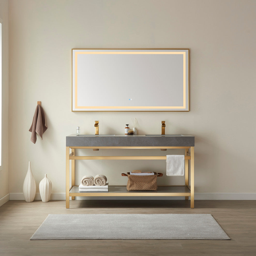 Funes Bath Vanity with Mirror, Brushed Gold Support, 60" Double Sink, Grey Stone Top