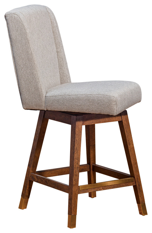 Stancoste Swivel Counter Stool in Brown Oak Wood Finish with Taupe Fabric