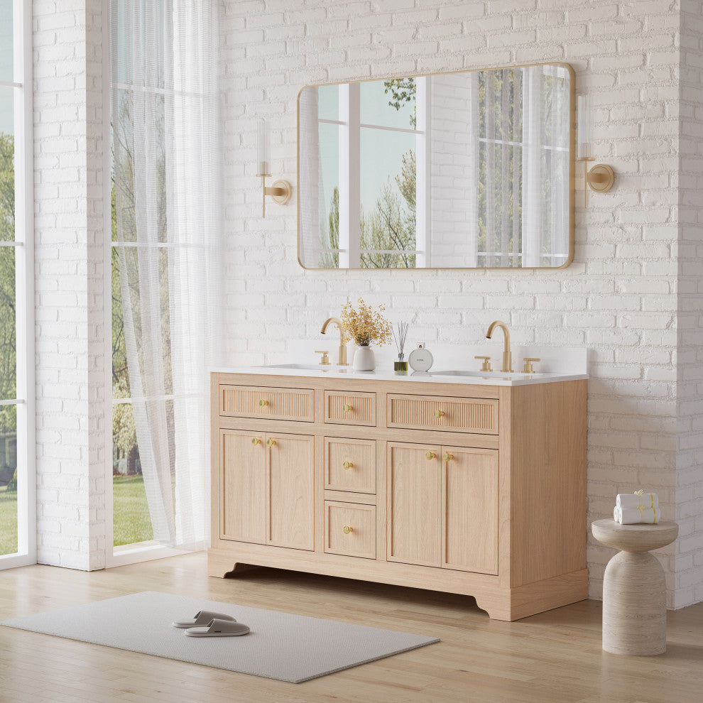 Solid Wood Bathroom Vanity with Carrara White Quartz Top, CUPC-certified Sink, 60"