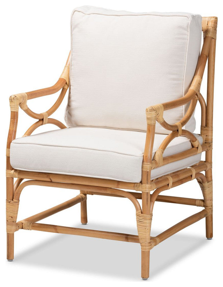 Brandon Modern Bohemian White Fabric Upholster and Natural Brown Rattan Armchair