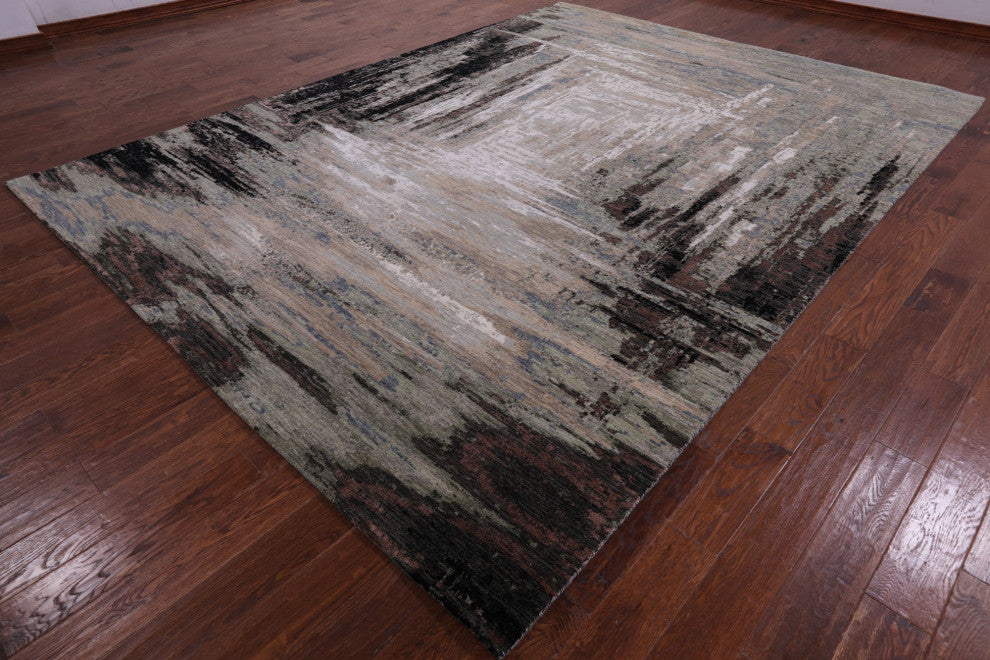 9' 0" X 12' 1" Abstract Handmade Wool and Silk Rug Q6833