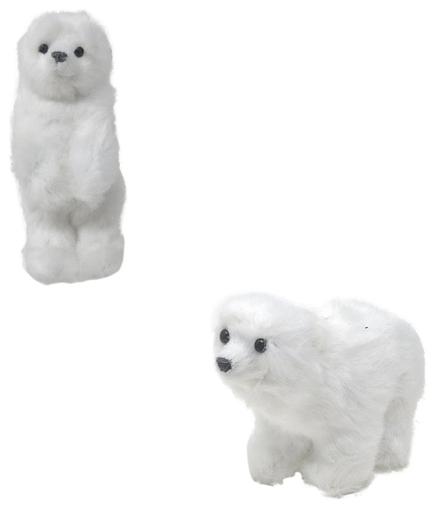 Plush Designer Furry Polar Bear Ornament White 5 in Adorable Figurine, Crouching