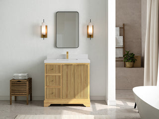 Austin 36 Center Sink Bath Vanity in Light Natural Teak 2" Carrara Quartz