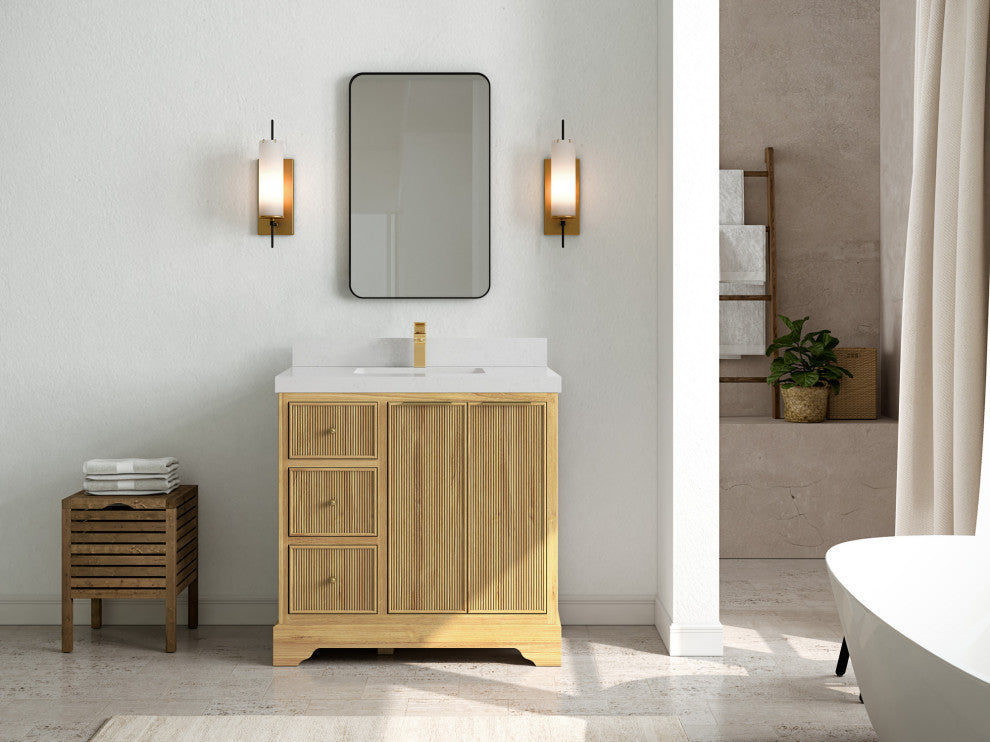 Austin 36 Center Sink Bath Vanity in Light Natural Teak 2" Carrara Quartz