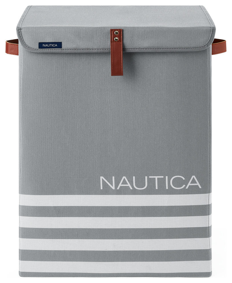Nautica Folded Hamper with Lid, Gray Stripe