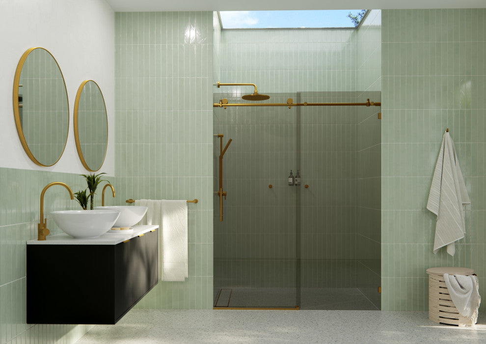 Equinox 60"x78" Frameless Glass Sliding Shower Door, Gray Tint, Satin Brass