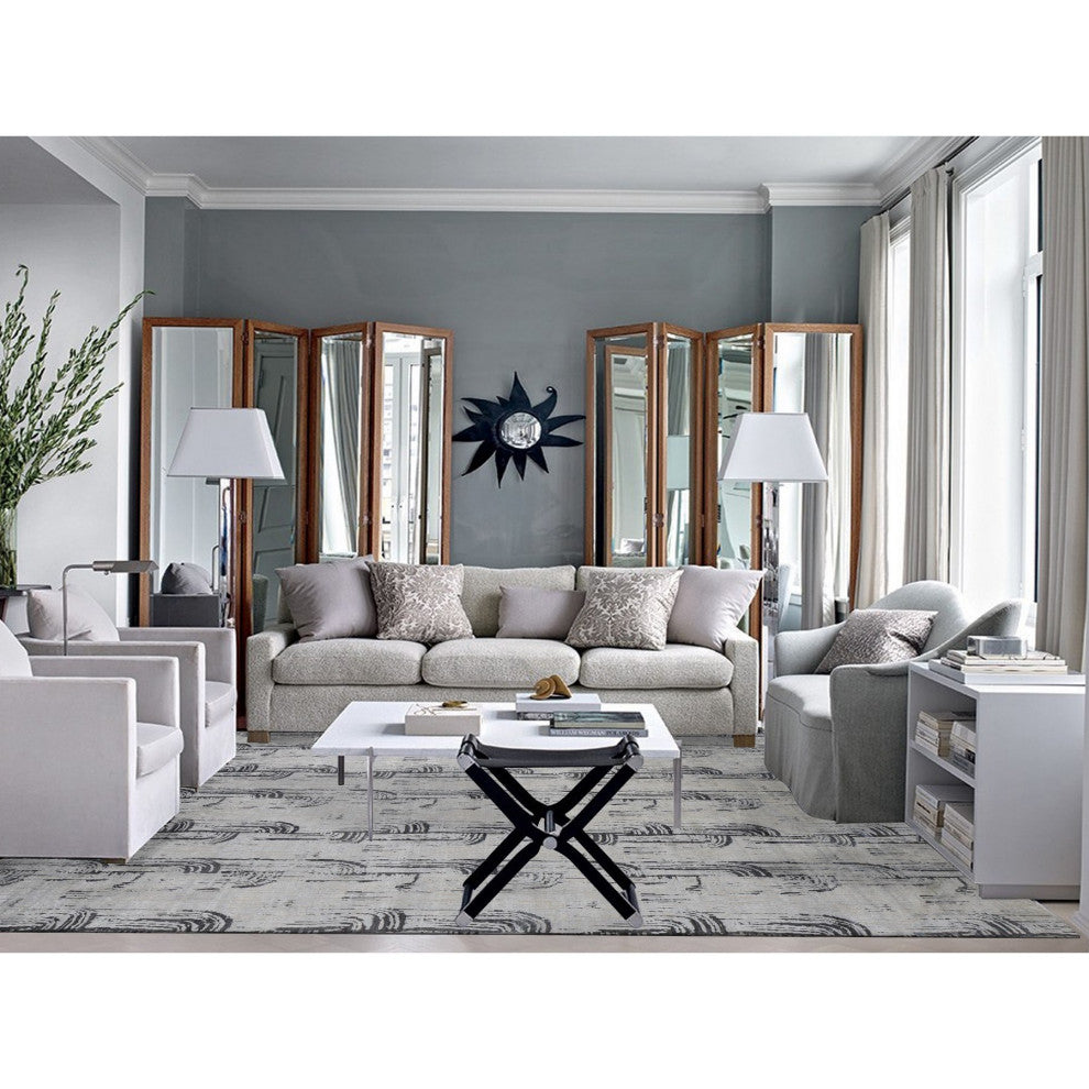 Cloud Gray, The Cane Design, Silk With Wool, Hand Knotted Rug, 10'x14'5"