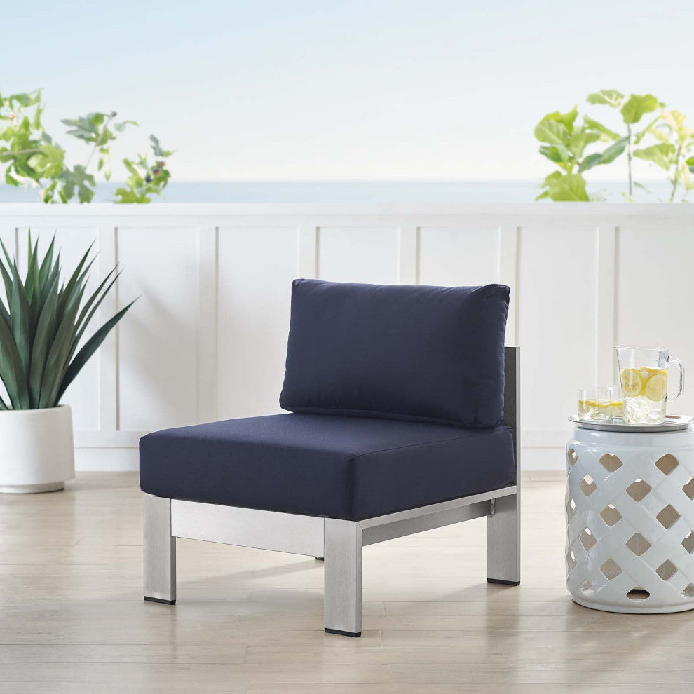 Sofa Middle Chair, Sunbrella, Fabric, Aluminum, Metal, Silver Blue Navy, Outdoor
