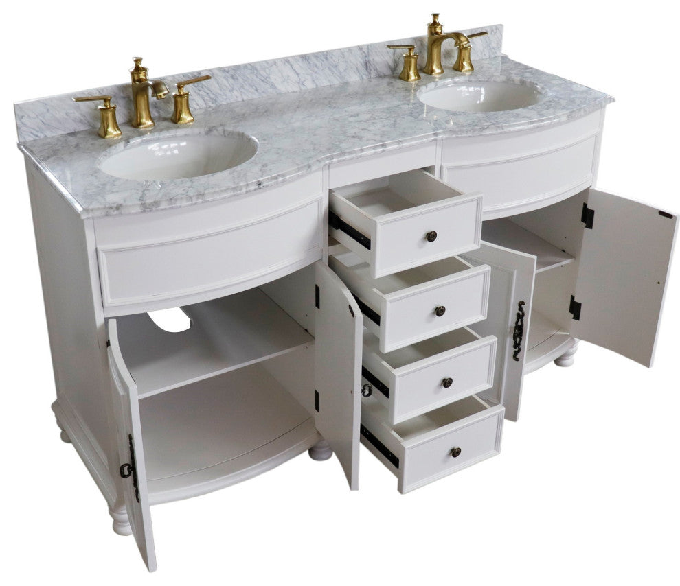 62" Double Sink Vanity Antique White Finish, White Marble Top