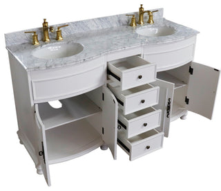 62" Double Sink Vanity Antique White Finish, White Marble Top