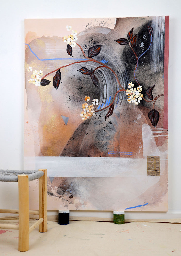 Abstract landscape painting, Beige brown painting, Black and white flower art