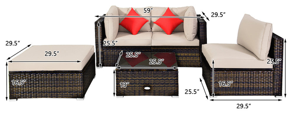 Costway 5PCS Outdoor Patio Rattan Furniture Set W/Beige Cushion