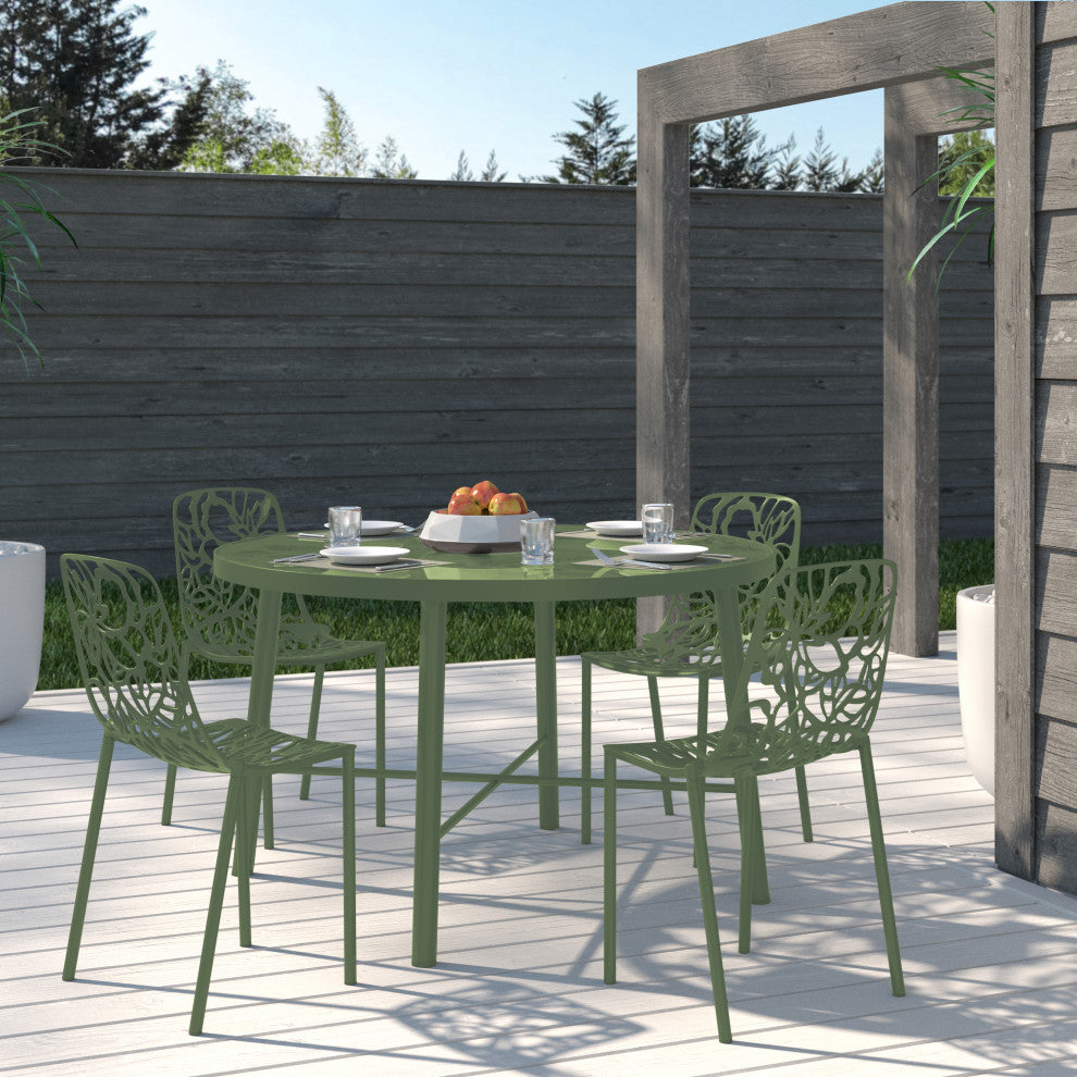 LeisureMod Devon Modern Outdoor Stackable Aluminum Dining Chair, Set of 4, Khaki Green