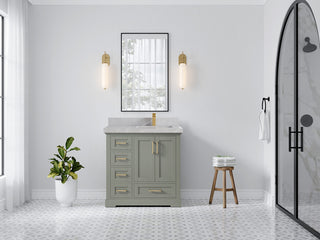 Boston 36 Right Offset Bath Vanity in Evergreen 2" Pearl Gray
