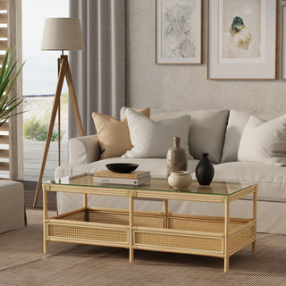 Rattan Cane Rectangular 2-Tier Shelf Coffee Table Glass Top