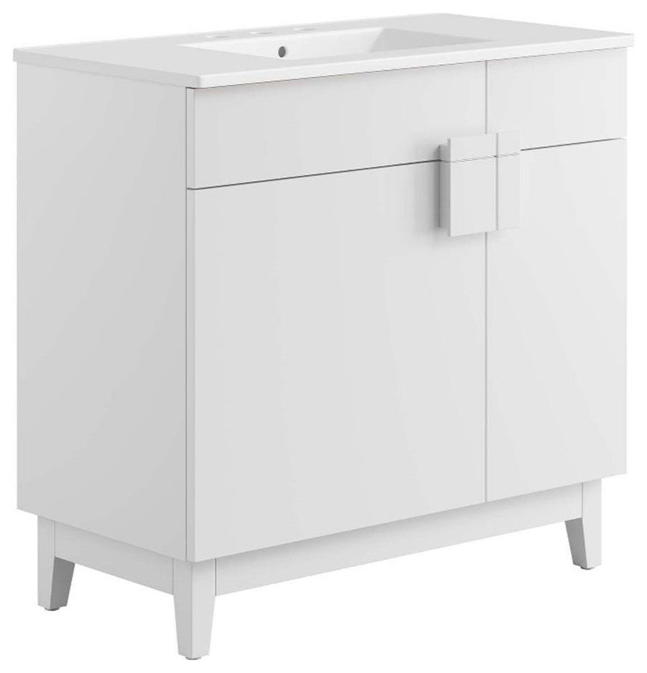 Modway Miles 36" Wood Bathroom Vanity with Tapered Legs in White