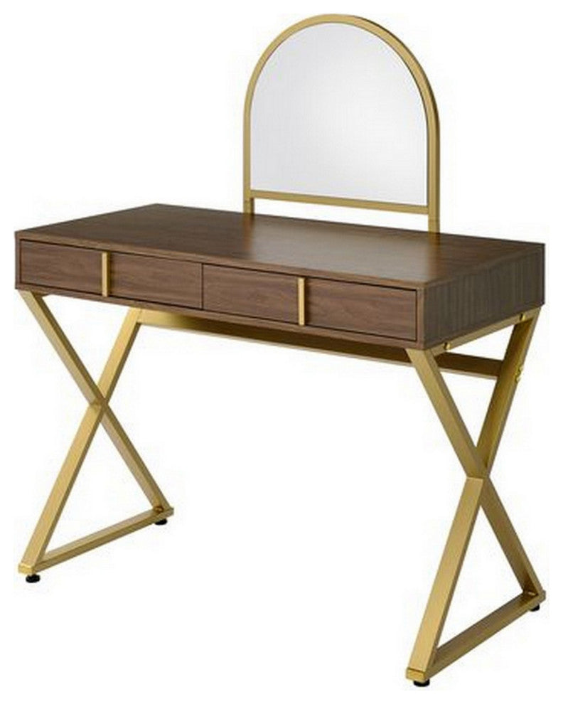 Benzara BM279149 50" Arched Mirror Vanity Desk Wood, X Metal Frame, Brown