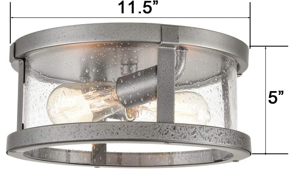 2 Light Drum Flush Mount Ceiling Light, Farmhouse, Industrial, Glass