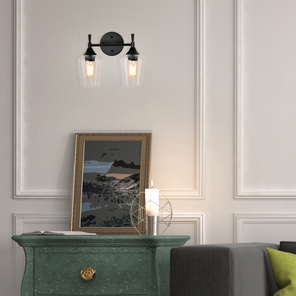 13 in. 2-Lights Matte Black Vanity Light With Clear Wine Glass Shades