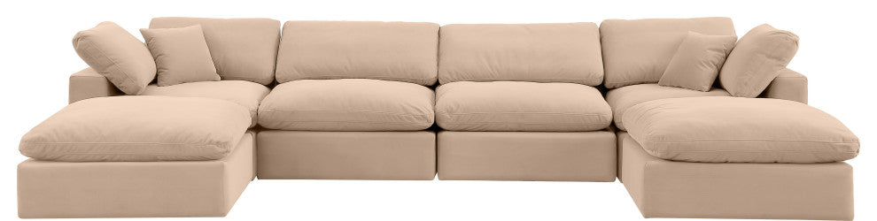 Comfy Upholstered U-Shaped Modular Sectional, Beige, 6-Piece: 2 Armless Chair, 2 Corner Chair, 2 Ottoman, Velvet