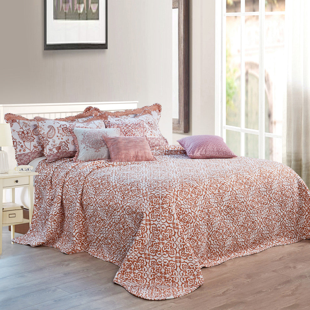 Coral Chevron 9-Piece Bed Spread Set, Coral, King, 122"x106"