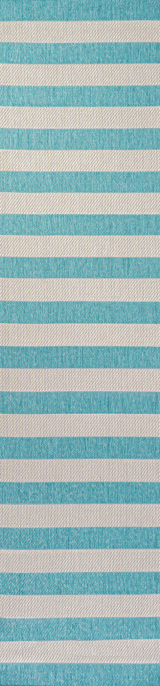 Negril Two-Tone Wide Stripe Indoor/Outdoor Area Rug, Aqua/Cream, 2x8