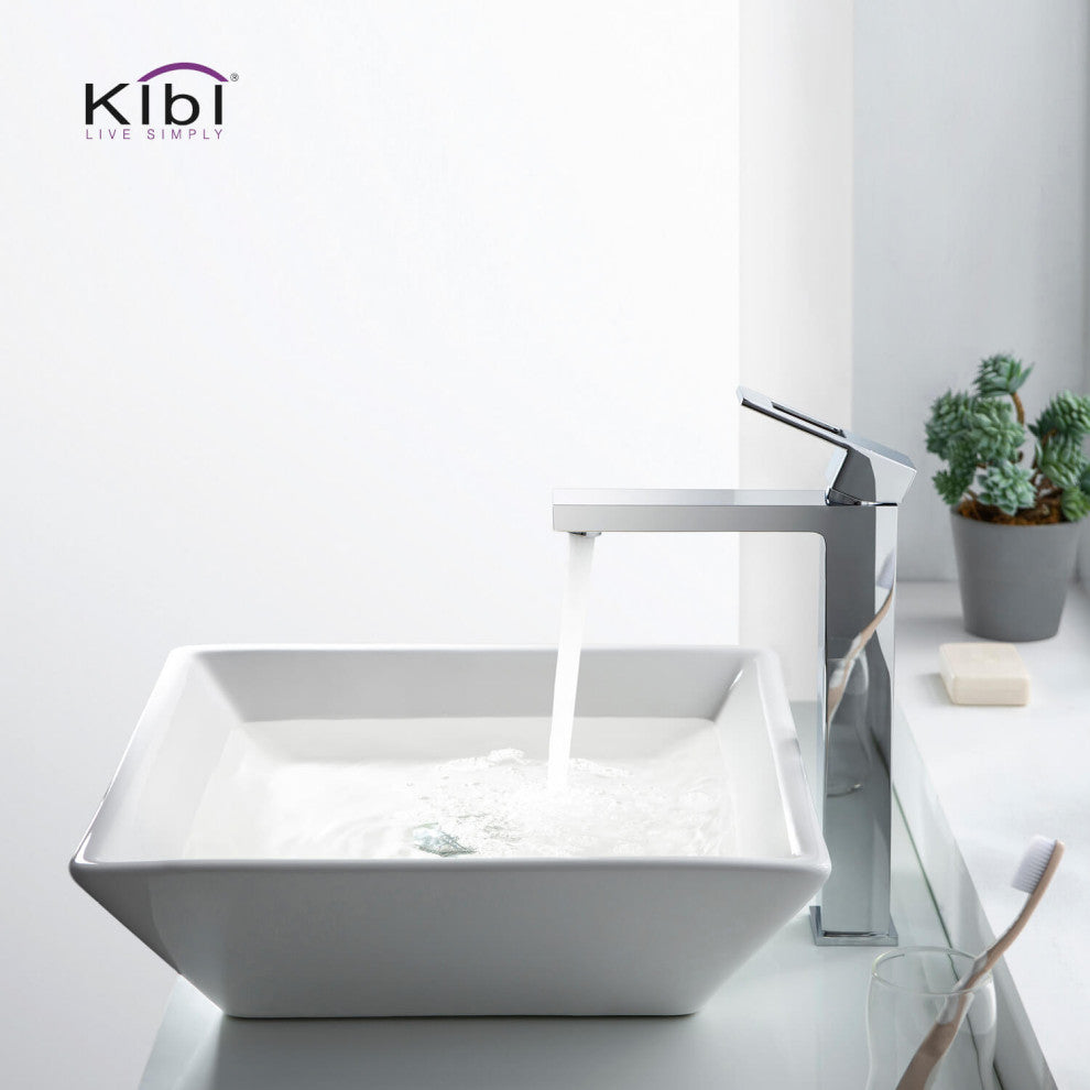 Cubic Single Handle Vessel Sink Faucet KBF1003, Chrome, W/ Drain