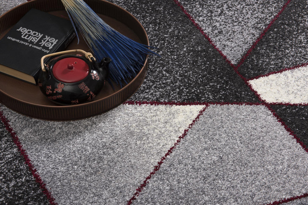 8"x11" Gray and Red Prism Pattern Area Rug