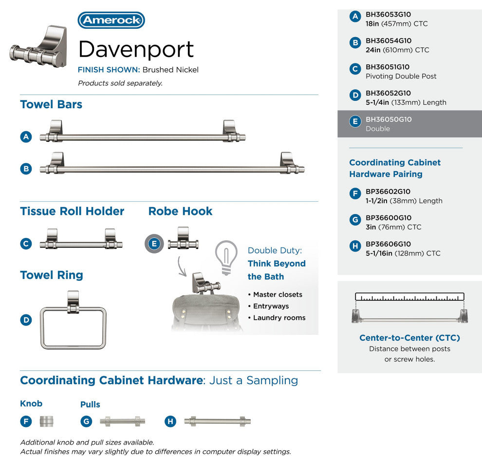 Davenport Transitional Double Robe Hook, Brushed Nickel