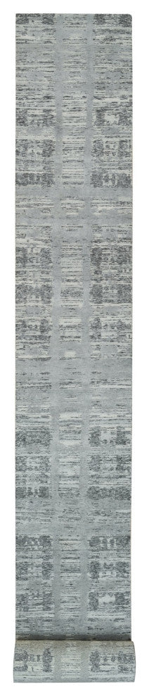 Gray, Hand Spun Wool, Hand Knotted, Modern Design, XL Runner Rug, 2'7"x25'6"