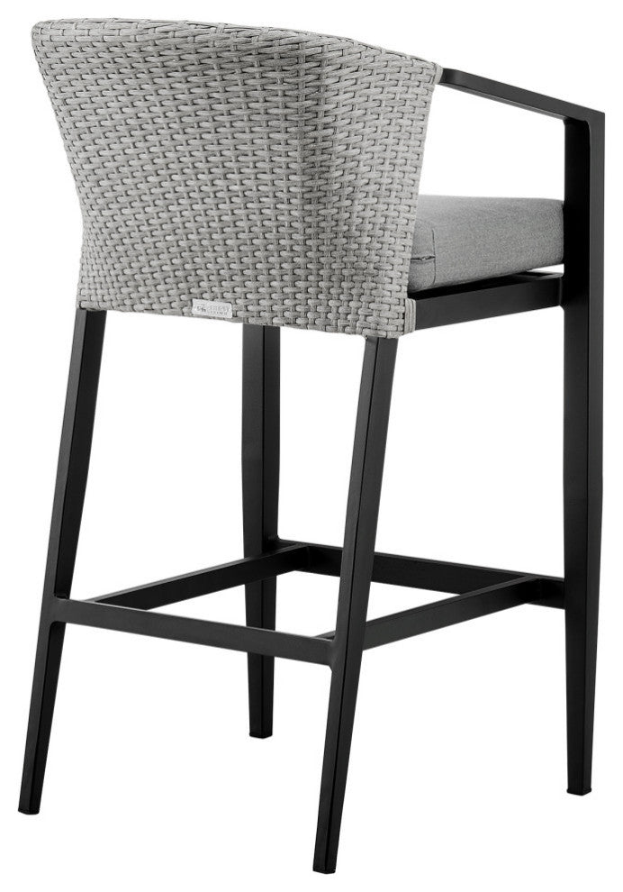 Aileen Patio Counter or Bar Height Stool, Metal and Wicker With Gray Cushions, Bar Height