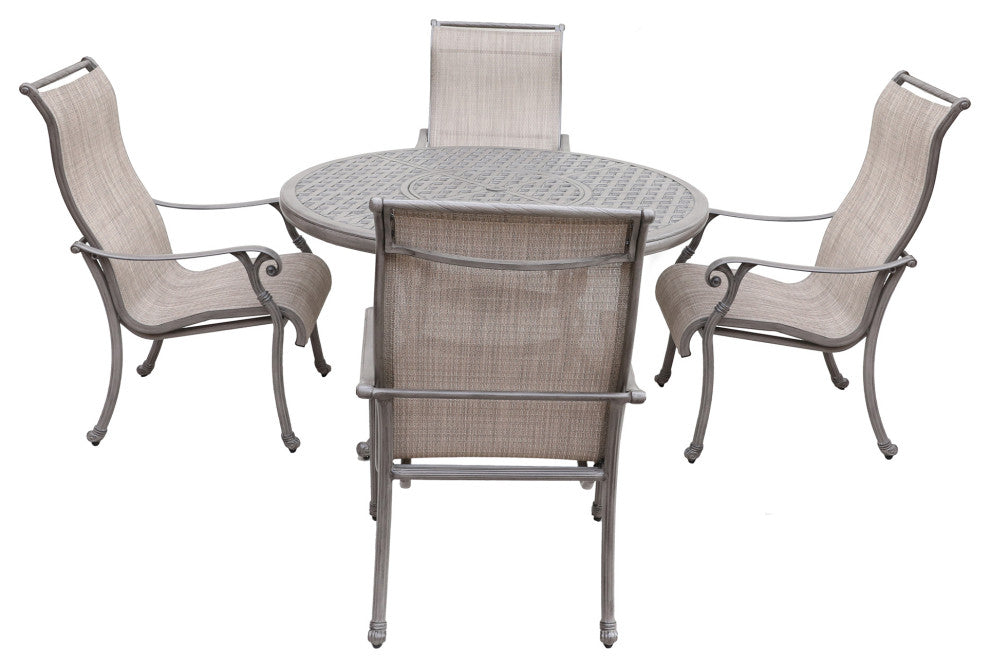 5-Piece Aged Bronze Aluminum Round Dining Set With 4 Sling Chairs, Heritage Grey