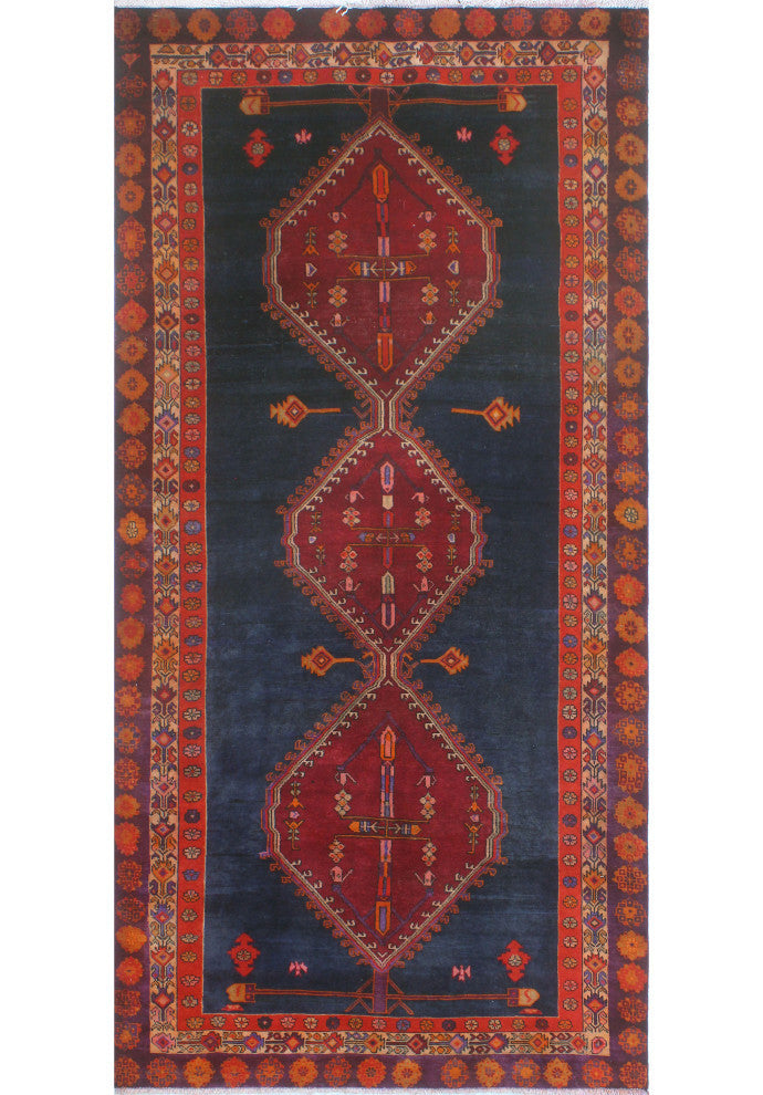 Fine Vintage Distressed Kassandr Navy/Gold Runner, 4'11x10'2