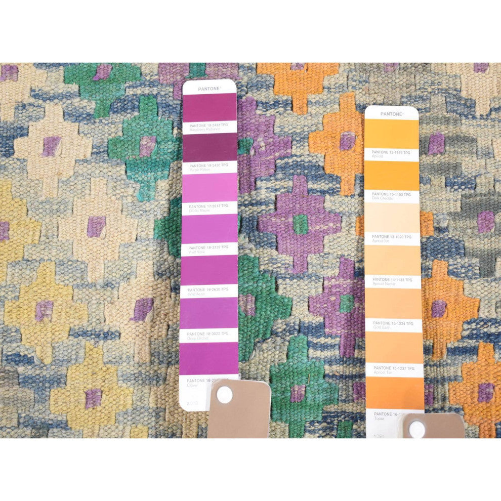 Gray Afghan Kilim with Geometric Design Multicolor Flat Weave Rug 10'3" x 13'2"