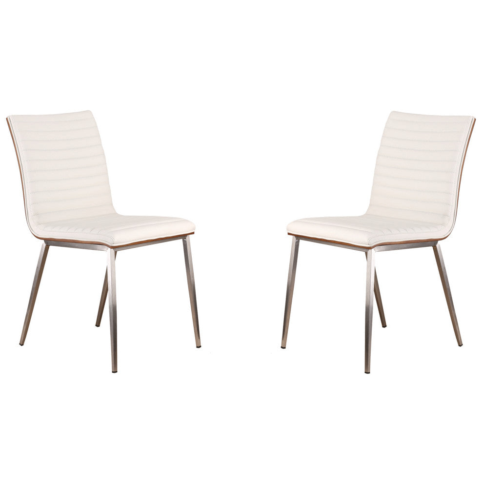 Café Brushed Stainless Steel Dining Chair in White Faux Leather - Set of 2